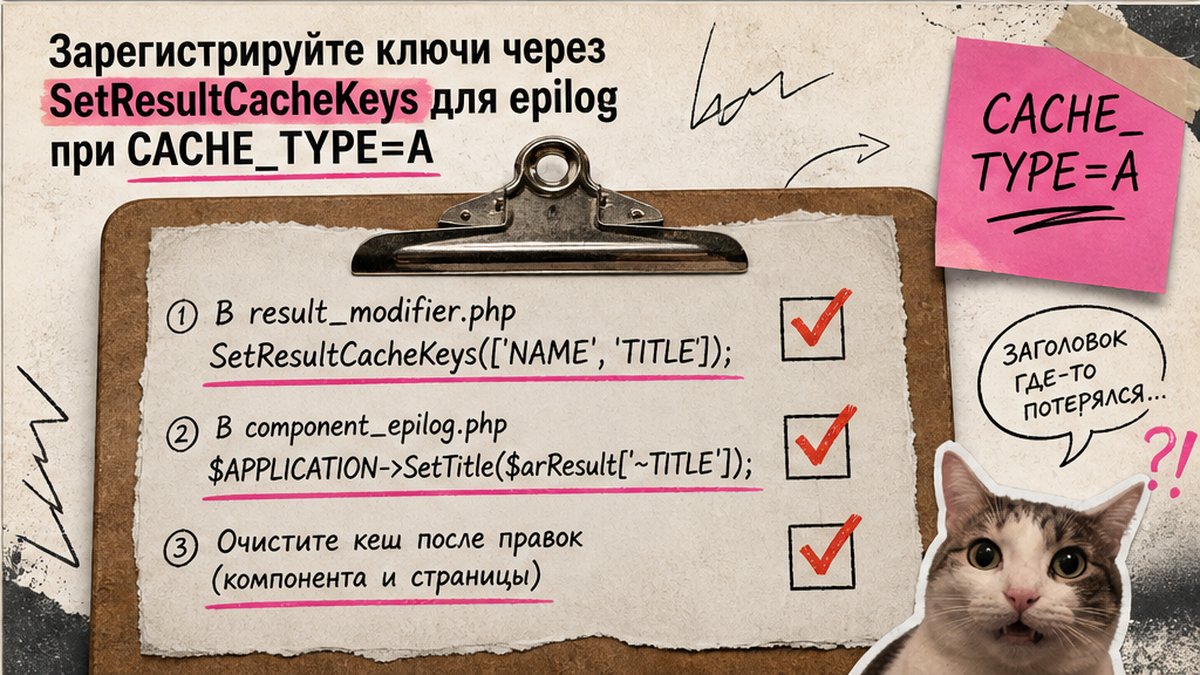 Чеклист: SetResultCacheKeys, epilog SetTitle и сброс кеша при CACHE_TYPE=A