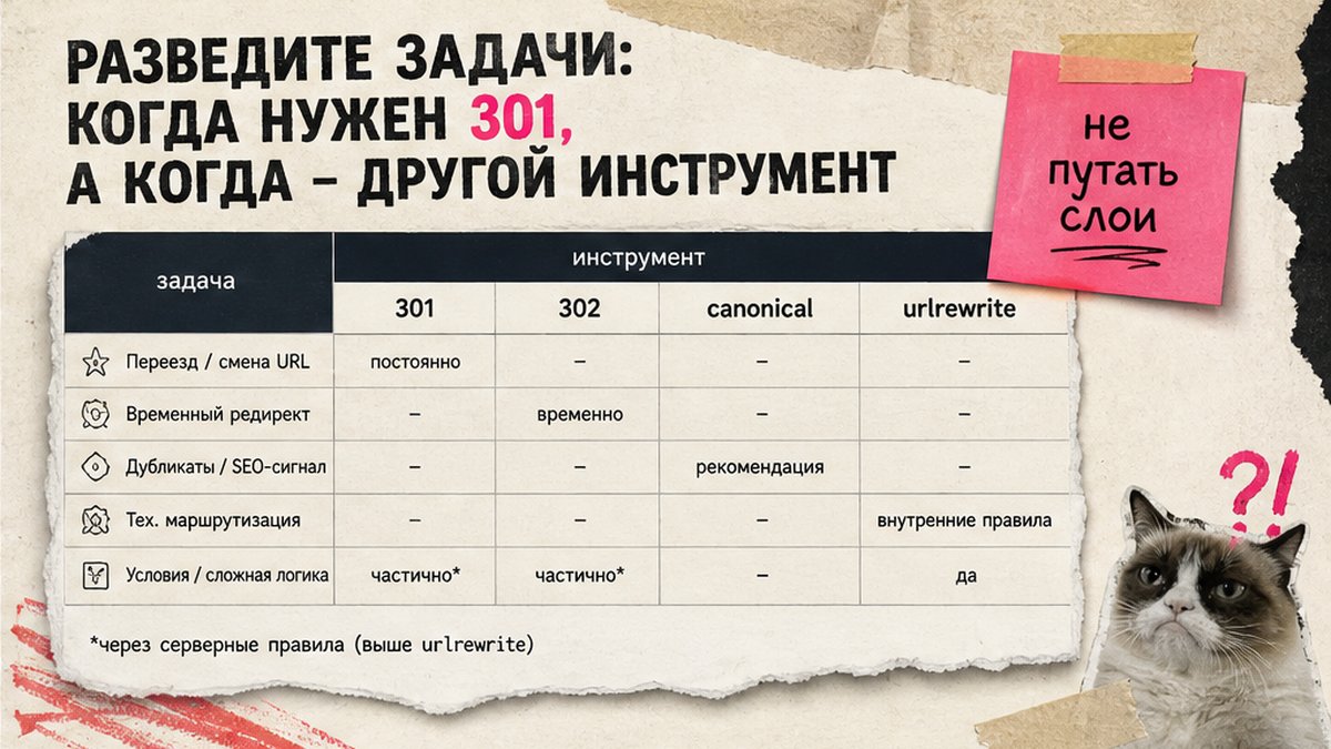 Мокап таблицы: когда 301, а когда другой инструмент на Битрикс