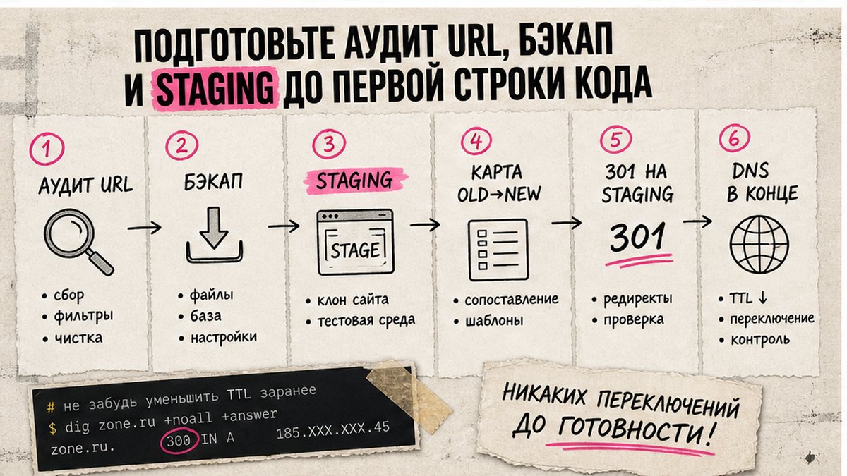 Схема workflow: аудит URL, бэкап и staging до первой строки кода
