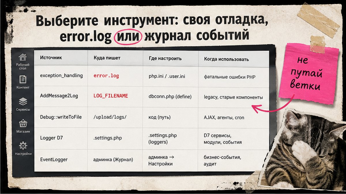 Таблица выбора инструмента логирования в Битрикс: error.log, AddMessage2Log, Debug, Logger D7, журнал событий