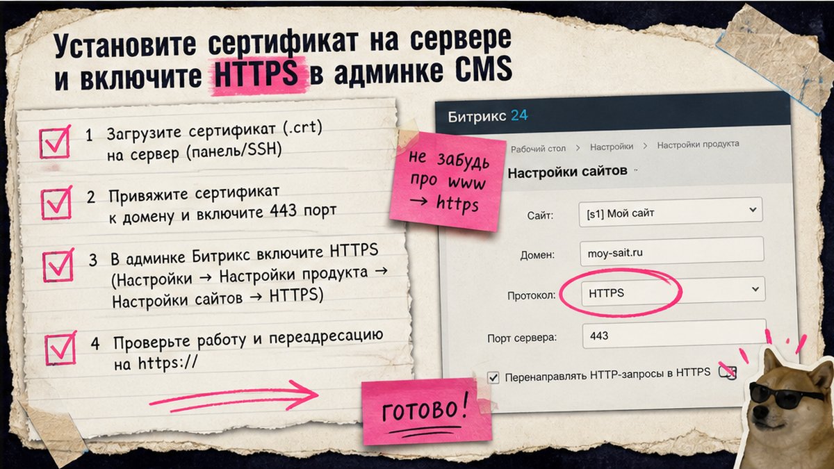 Чеклист установки SSL на сервере и включения HTTPS в админке Битрикс