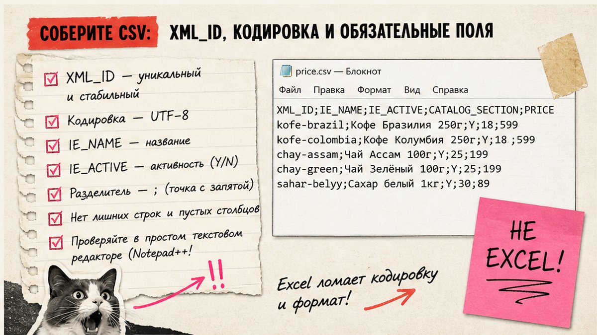 Чеклист обязательных полей CSV: XML_ID, кодировка UTF-8 и маппинг