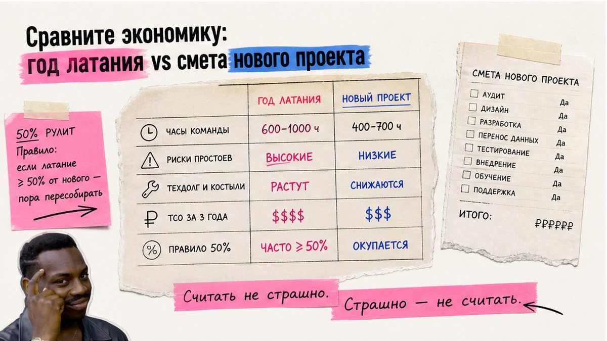 Таблица: год латания сайта vs смета новой разработки на Битрикс