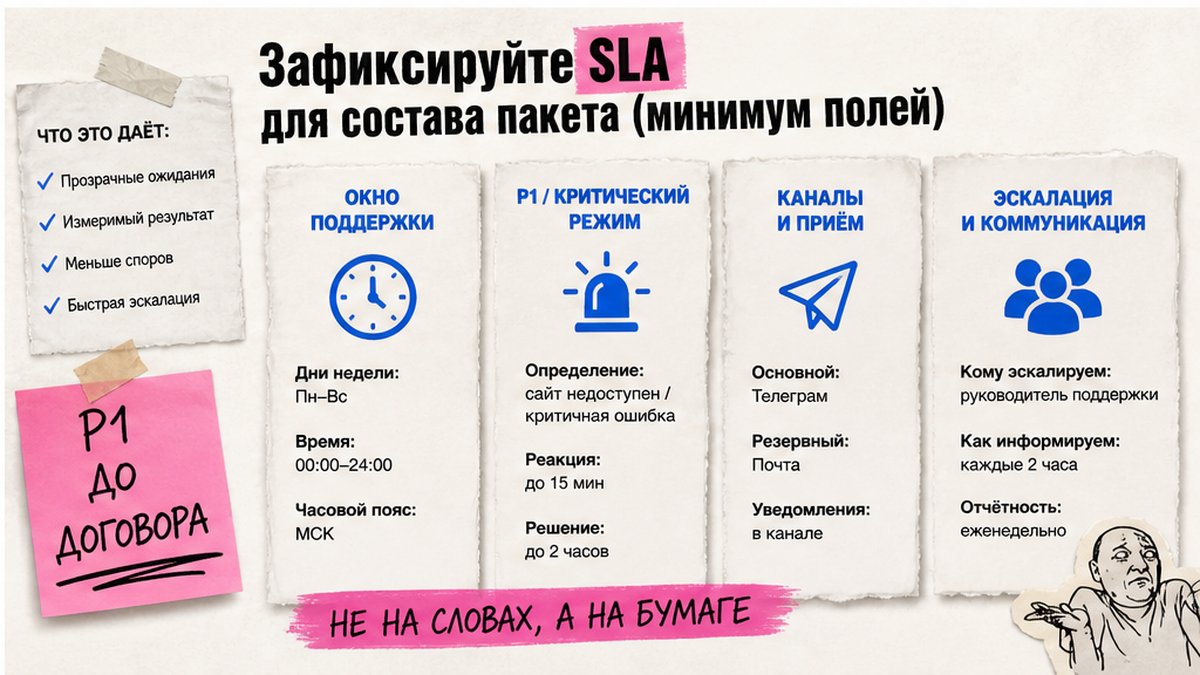 SLA поддержка сайта битрикс: реакция P1, каналы, окна обслуживания