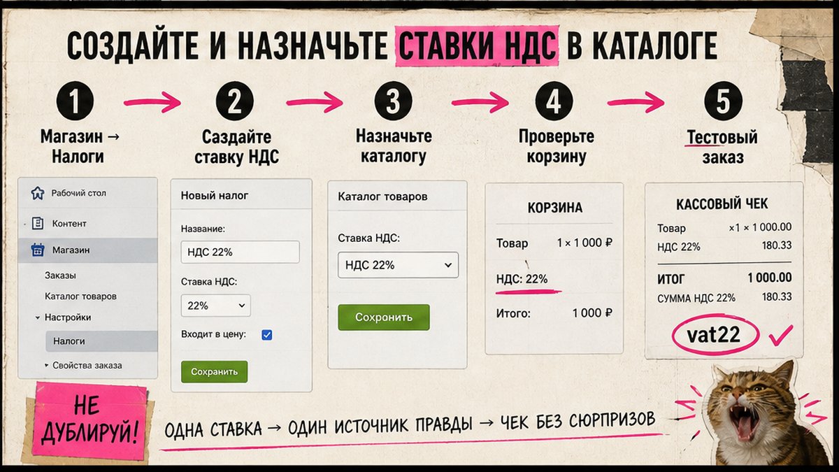 Схема: создание и назначение ставок НДС в каталоге Битрикс