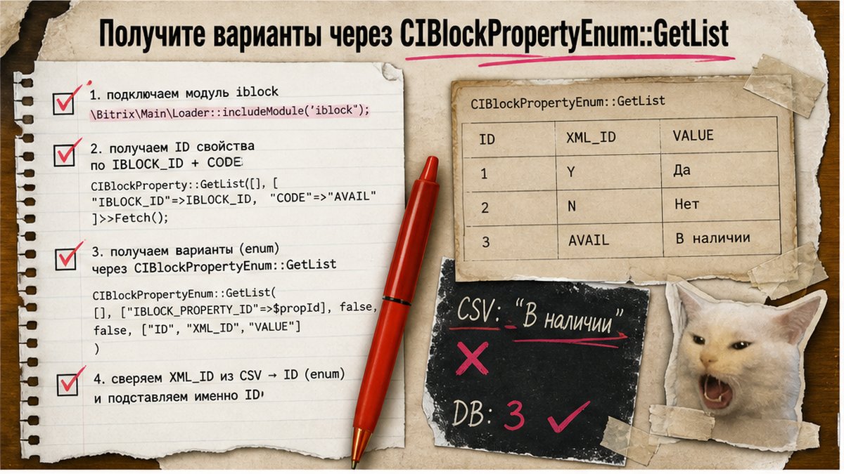 Чеклист шагов CIBlockPropertyEnum::GetList с фильтром IBLOCK_ID и CODE