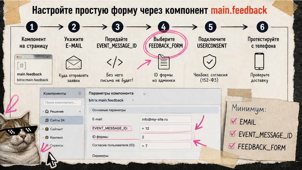 Схема настройки main.feedback на 1С-Битрикс по шагам