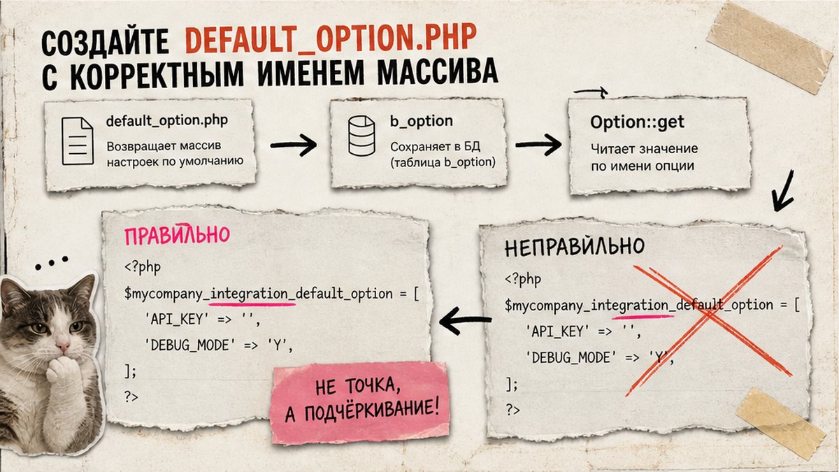 Схема default_option.php и имени массива дефолтов модуля Битрикс