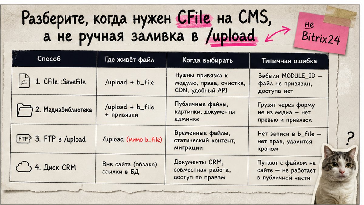 Таблица сравнения: CFile, медиабиблиотека, FTP и Диск CRM — когда что использовать