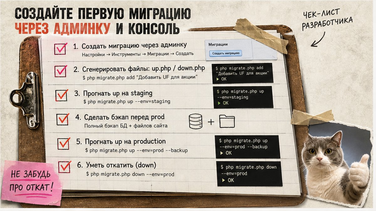 Чеклист первой миграции: админка sprint.migration, консоль up/down