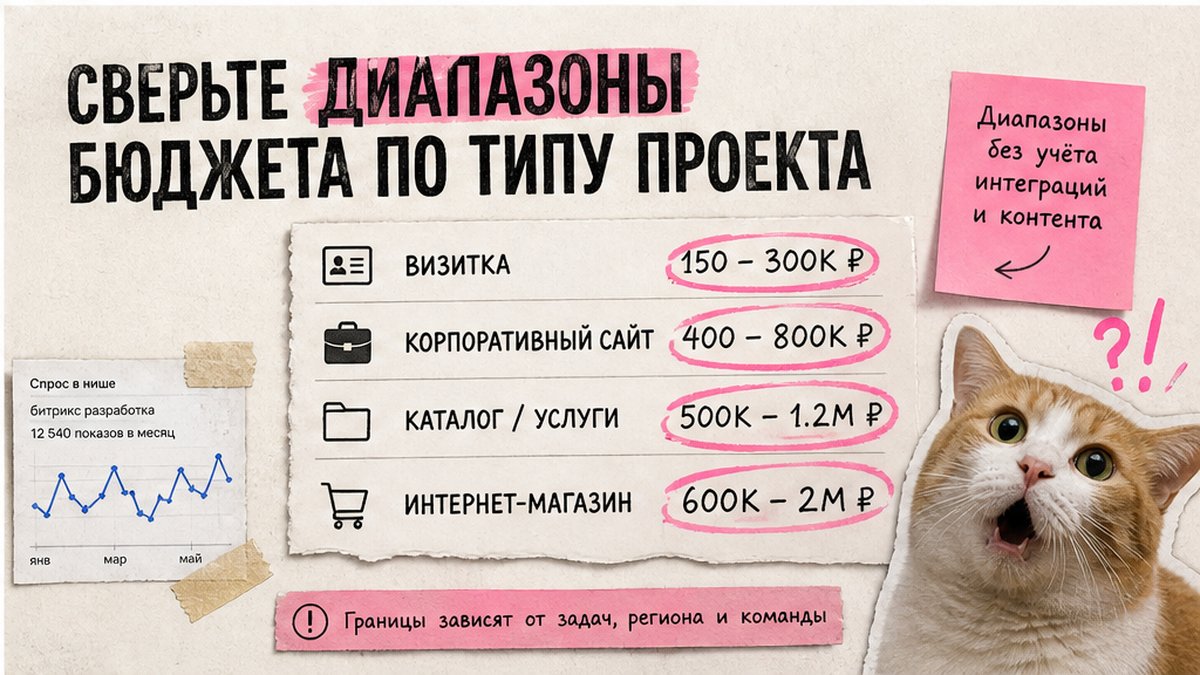 Диапазоны бюджета сайта на Битрикс по типу проекта