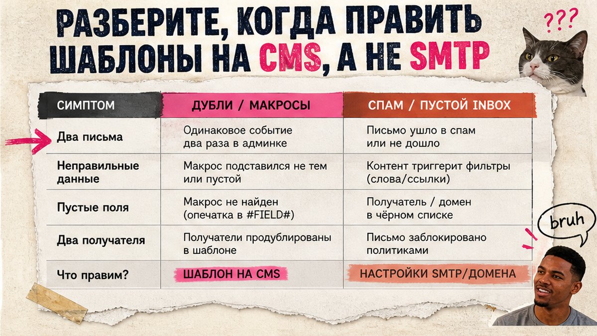 Таблица: когда править шаблоны Битрикс, а когда SMTP