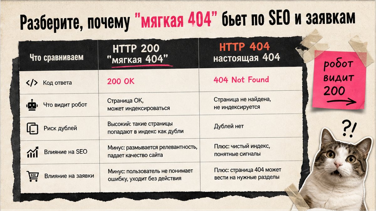 Сравнение мягкой 404 и настоящей 404: влияние на SEO и индекс