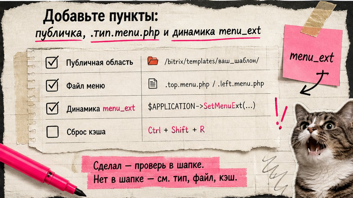 Чеклист добавления пунктов меню через публичку, .menu.php и menu_ext