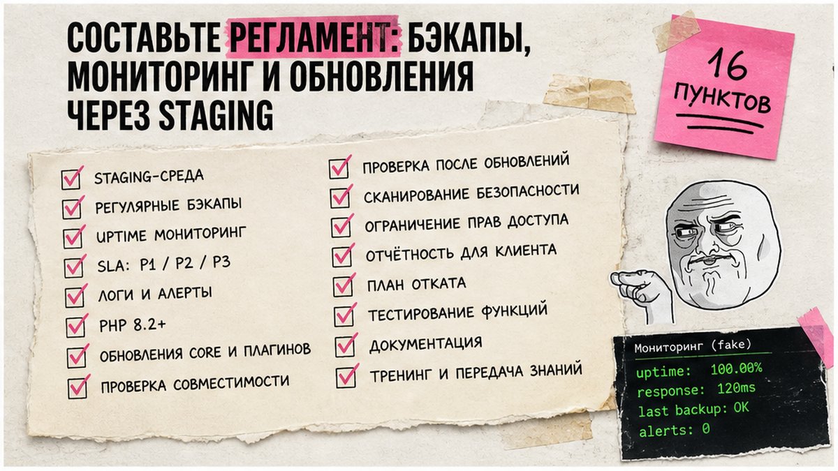 Чеклист регламента поддержки CMS: обновления через staging, бэкапы, мониторинг и SLA