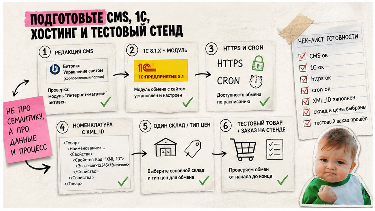 Схема подготовки к интеграции: CMS, модуль 1С, хостинг, номенклатура, тестовые данные