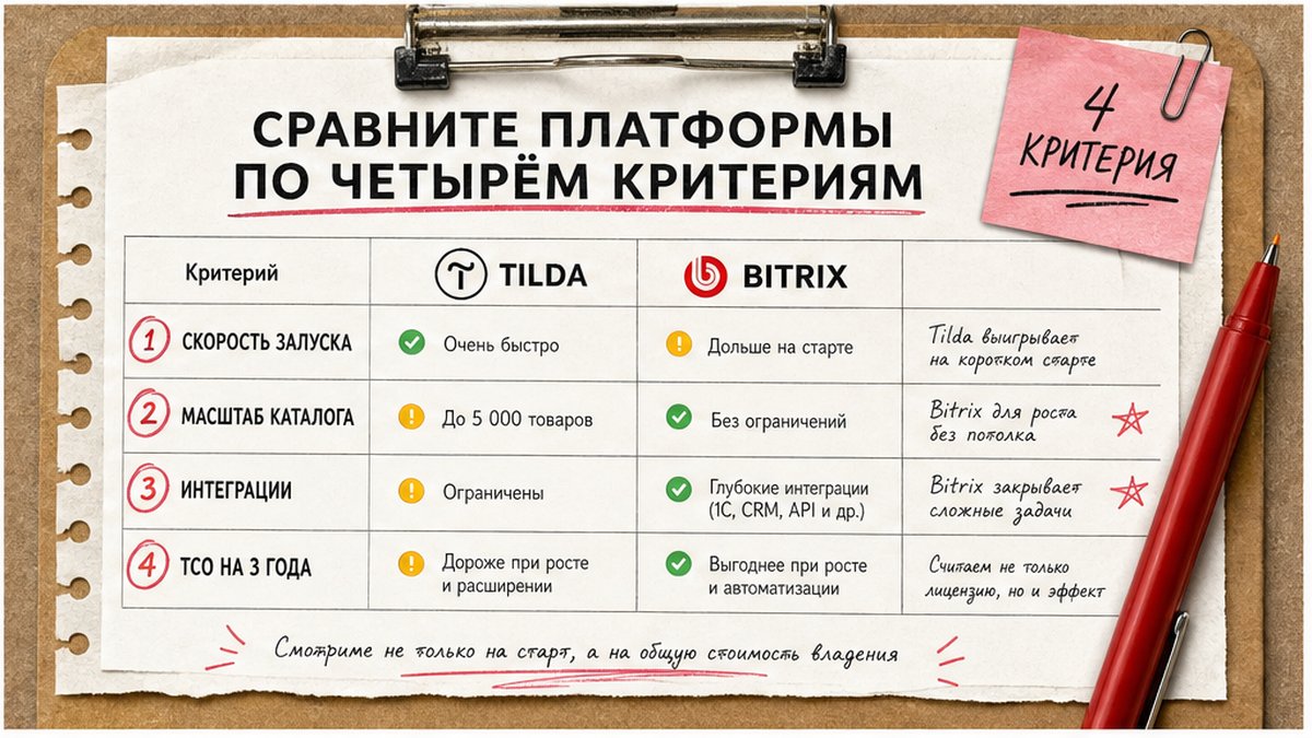 Таблица сравнения Tilda и Bitrix по четырём критериям