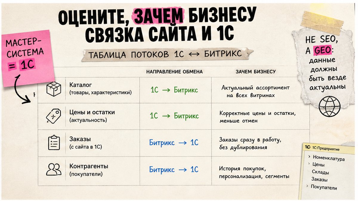 Таблица потоков обмена 1С и Битрикс: каталог, цены, остатки, заказы