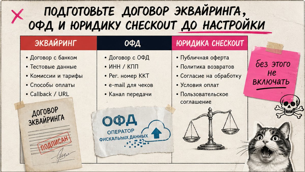 Таблица сравнения: договор эквайринга, ОФД и юридика checkout до настройки Битрикс