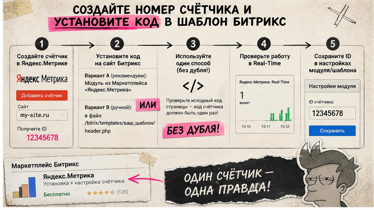 Схема установки счётчика Яндекс Метрики на 1С-Битрикс: модуль или header.php