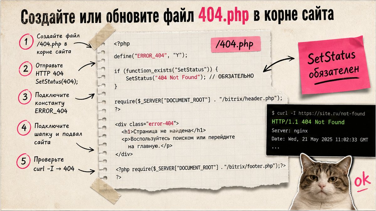 Схема настройки 404.php в корне сайта на Битрикс