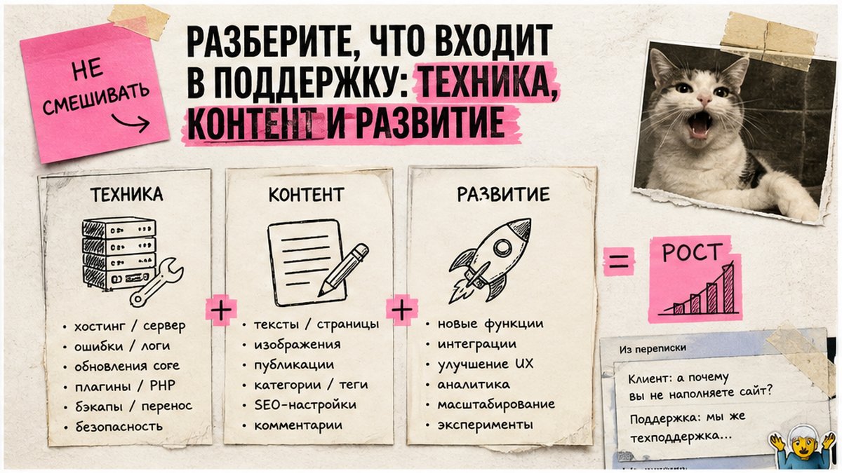 Таблица зон поддержки CMS: техника, контент, разработка и контуры вендора vs эксплуатации