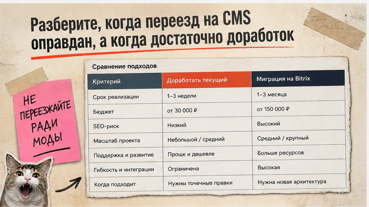 Сравнение: когда переезд на CMS оправдан, а когда достаточно доработок