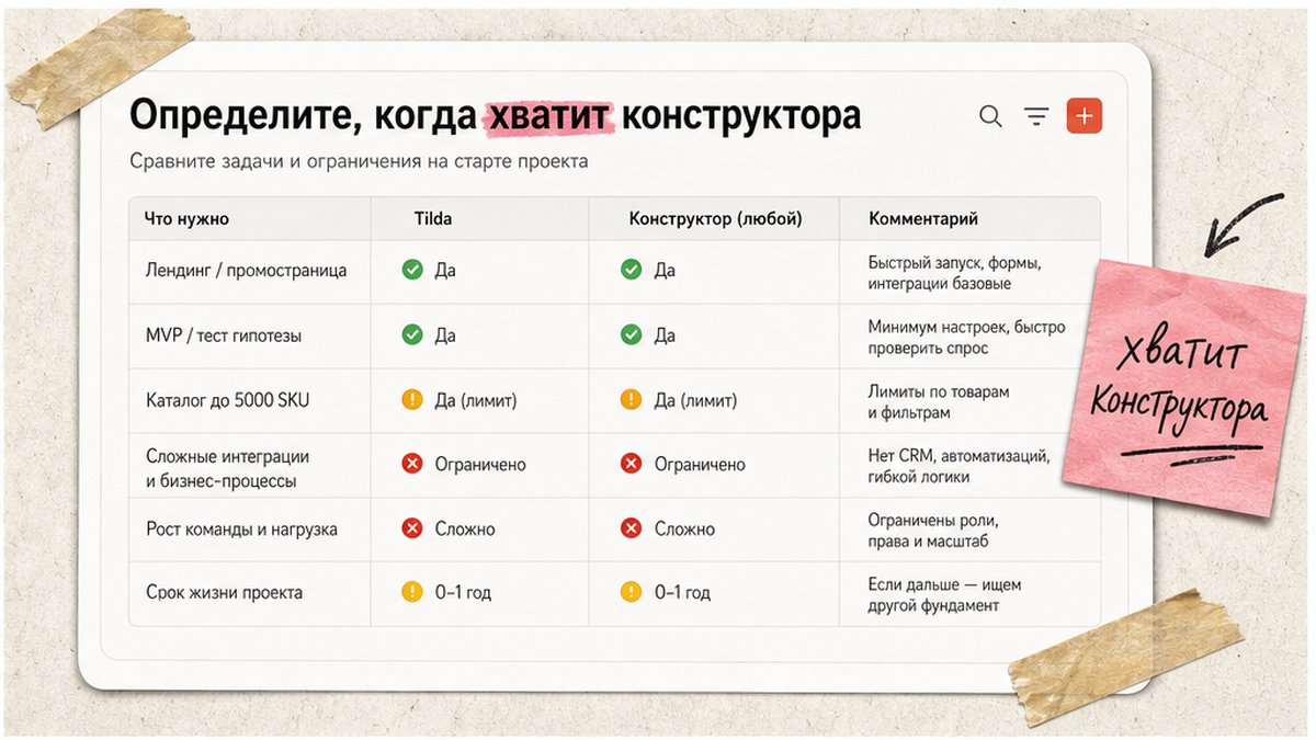 Таблица: когда хватит конструктора Tilda — лендинг, MVP, лимиты каталога