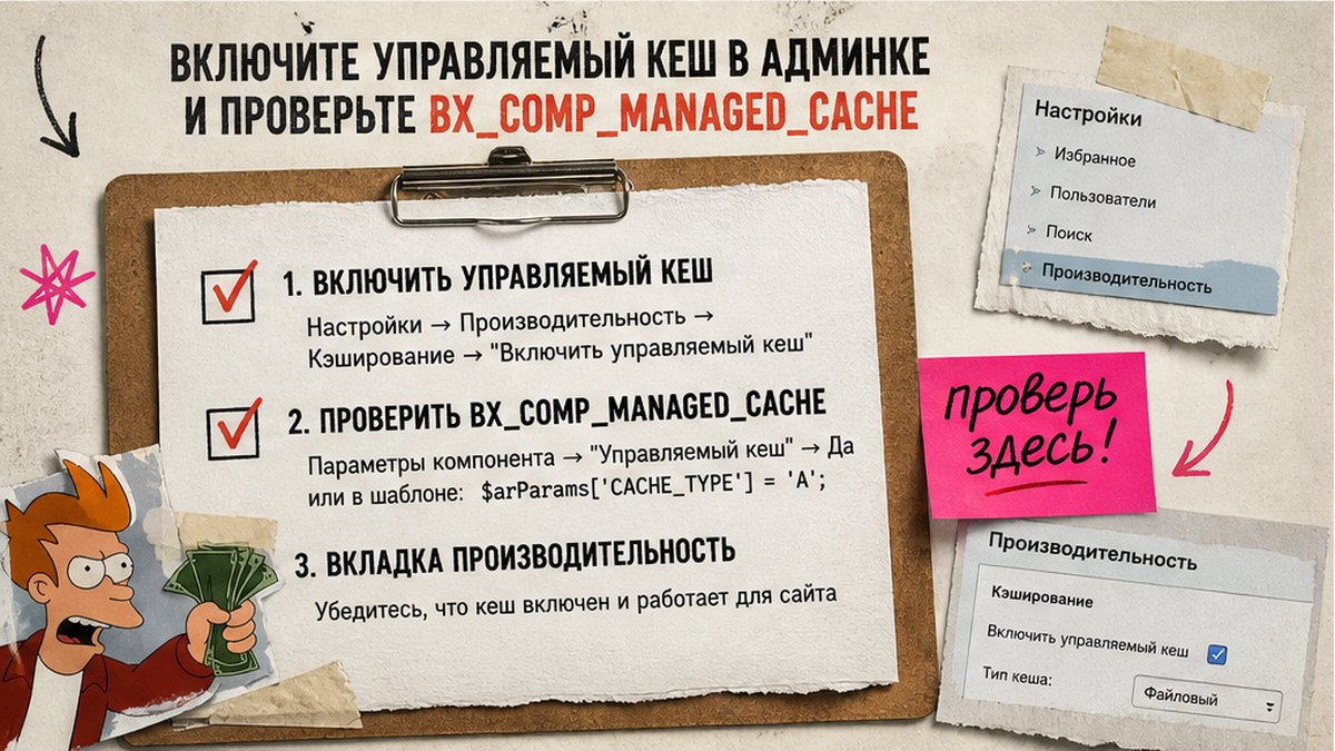 Чеклист включения управляемого кеша и проверки BX_COMP_MANAGED_CACHE в админке Битрикс