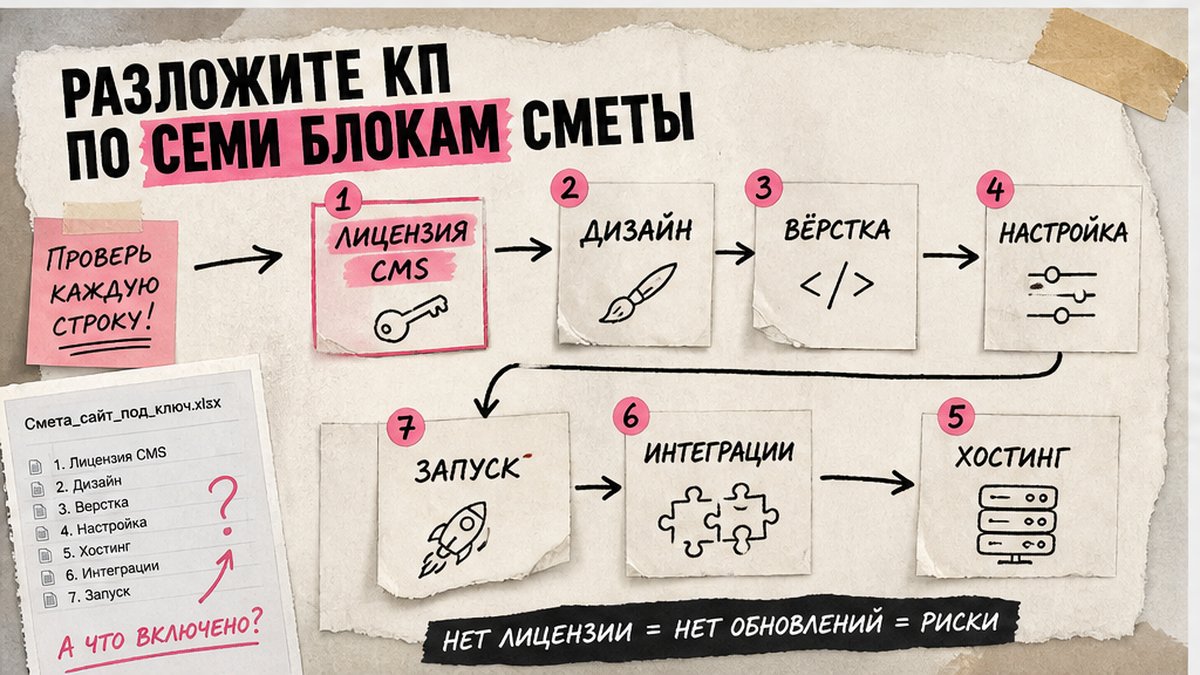 Схема семи блоков сметы КП на сайт Битрикс: от лицензии до запуска