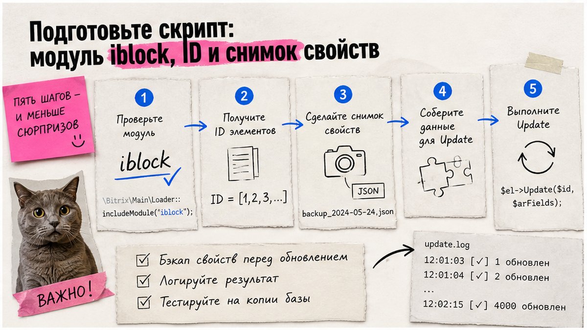 Подготовка ciblockelement update: iblock, ID элемента, снимок свойств
