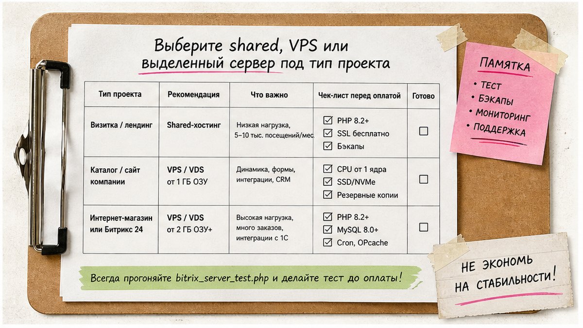 Чеклист выбора shared, VPS или VDS под редакцию и нагрузку Битрикс
