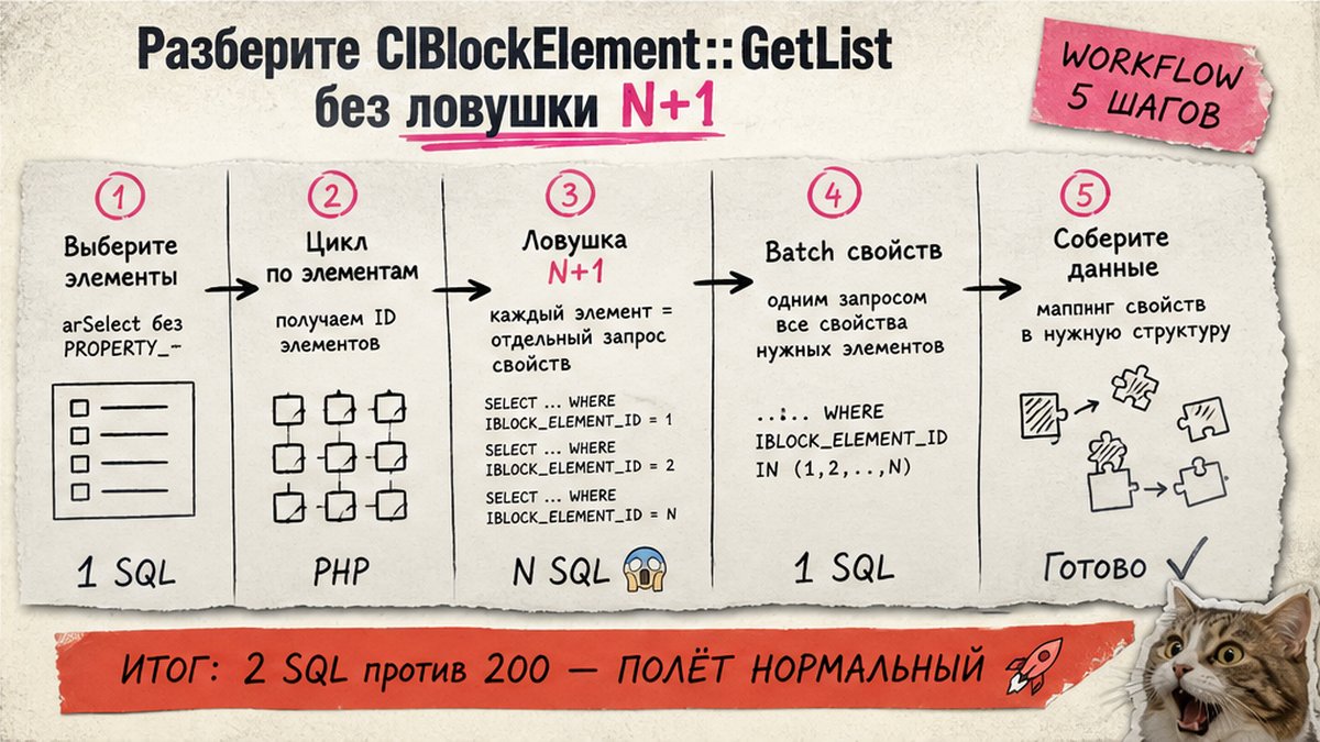 Схема workflow: как избежать N+1 при CIBlockElement::GetList в Битрикс