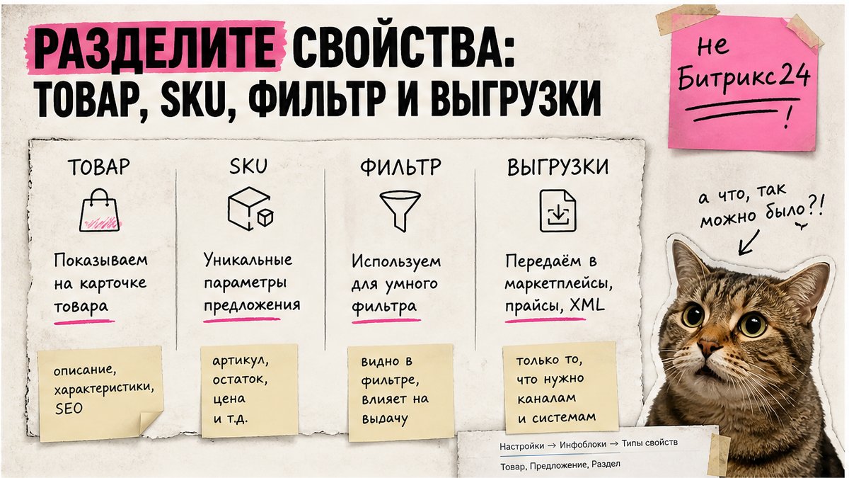 Таблица сравнения: куда нужны свойства - товар, SKU, фильтр и выгрузки