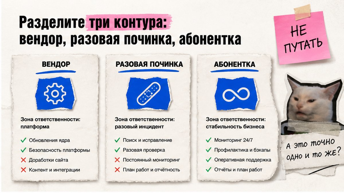 Три контура поддержки сайта Битрикс: вендор, разовая починка, абонентский пакет