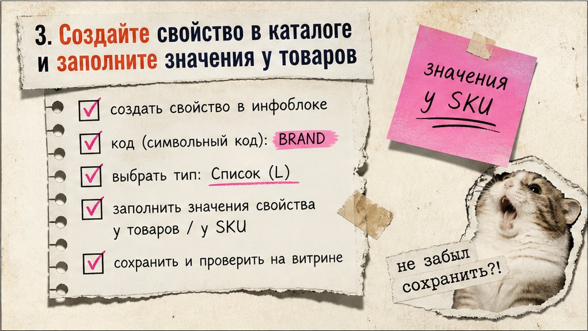 Чеклист: создать свойство каталога и заполнить значения у товаров