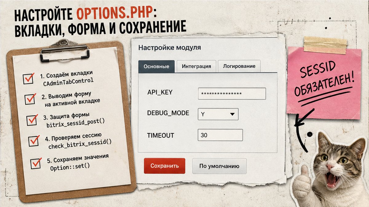 Чеклист настройки options.php: вкладки, форма и сохранение в Битрикс