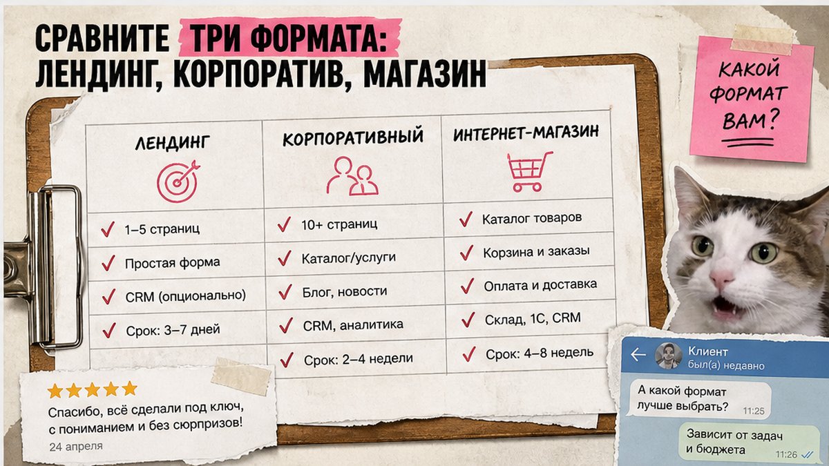 Чеклист сравнения трёх форматов сайта на Битрикс: лендинг, корпоратив, магазин