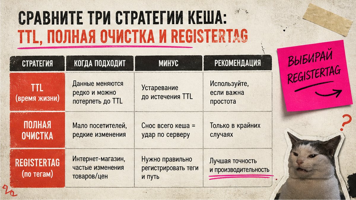 Сравнительная таблица трёх стратегий кеша Битрикс: TTL, полная очистка и RegisterTag