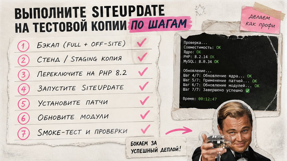 Пошаговая схема SiteUpdate на тестовой копии Битрикс