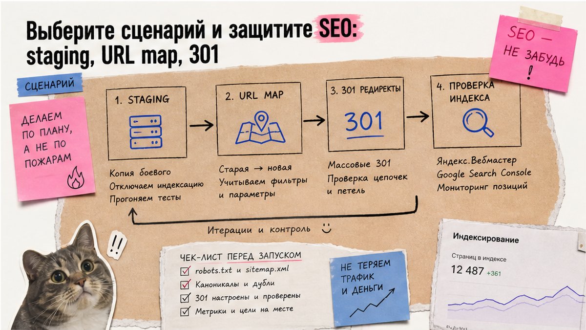 Схема SEO-перехода: staging, карта URL и 301