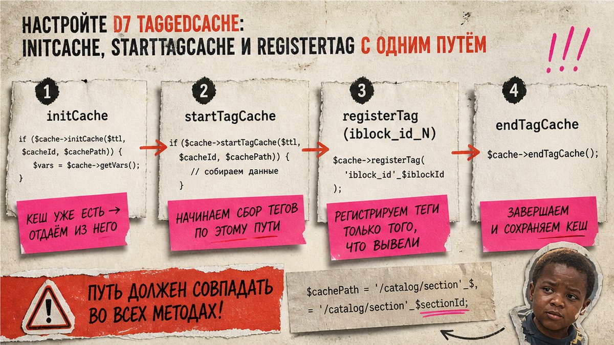 Схема workflow D7 TaggedCache: initCache, startTagCache, registerTag и endTagCache с одним путём