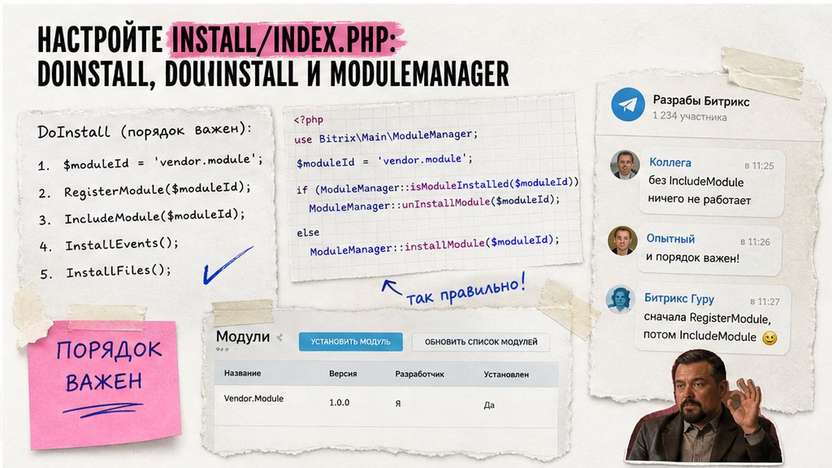 Чеклист настройки install/index.php: DoInstall, DoUninstall и ModuleManager