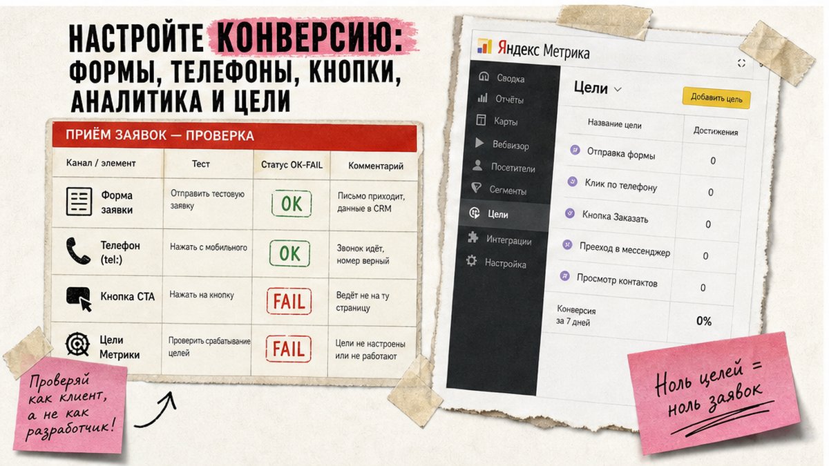 Таблица проверки конверсии: формы, телефоны, кнопки и цели в Яндекс Метрике