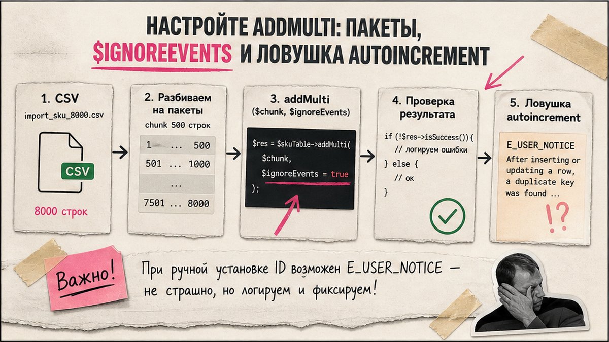 Схема настройки addMulti: пакеты по 500 строк, флаг $ignoreEvents и ловушка autoincrement