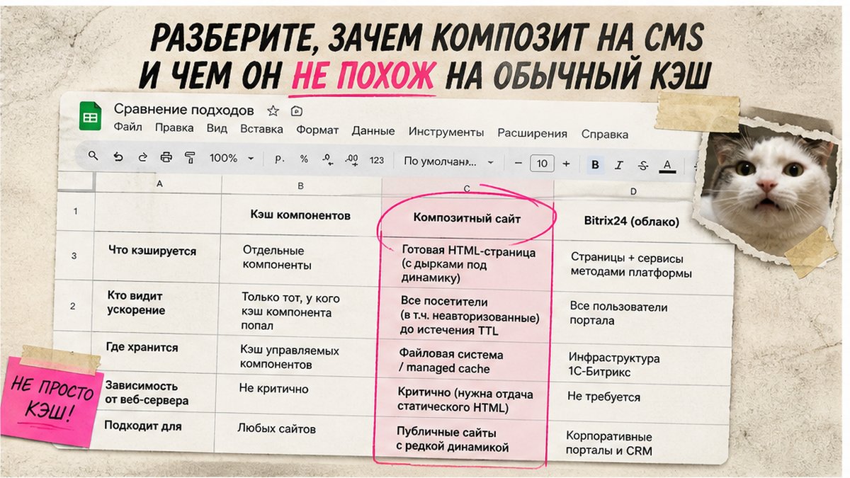 Сравнительная таблица: кэш компонентов, композитный сайт и Bitrix24 — чем отличаются