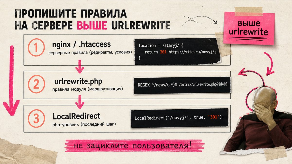 Схема слоёв: серверные правила выше urlrewrite и LocalRedirect