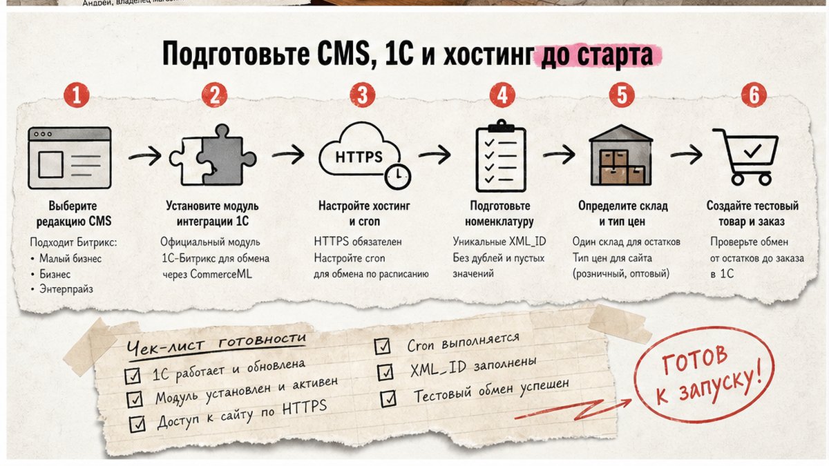 Схема подготовки к интеграции: CMS, модуль 1С, хостинг, номенклатура, тестовые данные