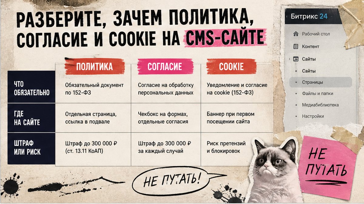 Сравнительная таблица: политика конфиденциальности, согласие и cookie на CMS-сайте