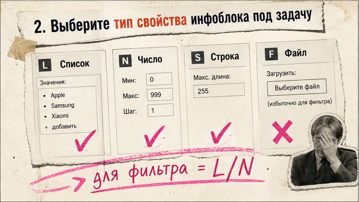 Схема выбора типа свойства инфоблока: список, число, строка, файл
